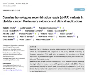 Az első oldal a BJUI Compass 'Germline homologous recombination repair (gHRR) variants in bladder cancer' (Csíraszintű homológ rekombinációs javító (gHRR) variánsok hólyagrákban) című közleményéből, amely a címet, a szerzőket és az összefoglalót mutatja.