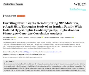 První strana článku v časopise Clinical Case Reports „Reinterpreting DES p.Arg383His“ s názvem, autory a abstraktem.