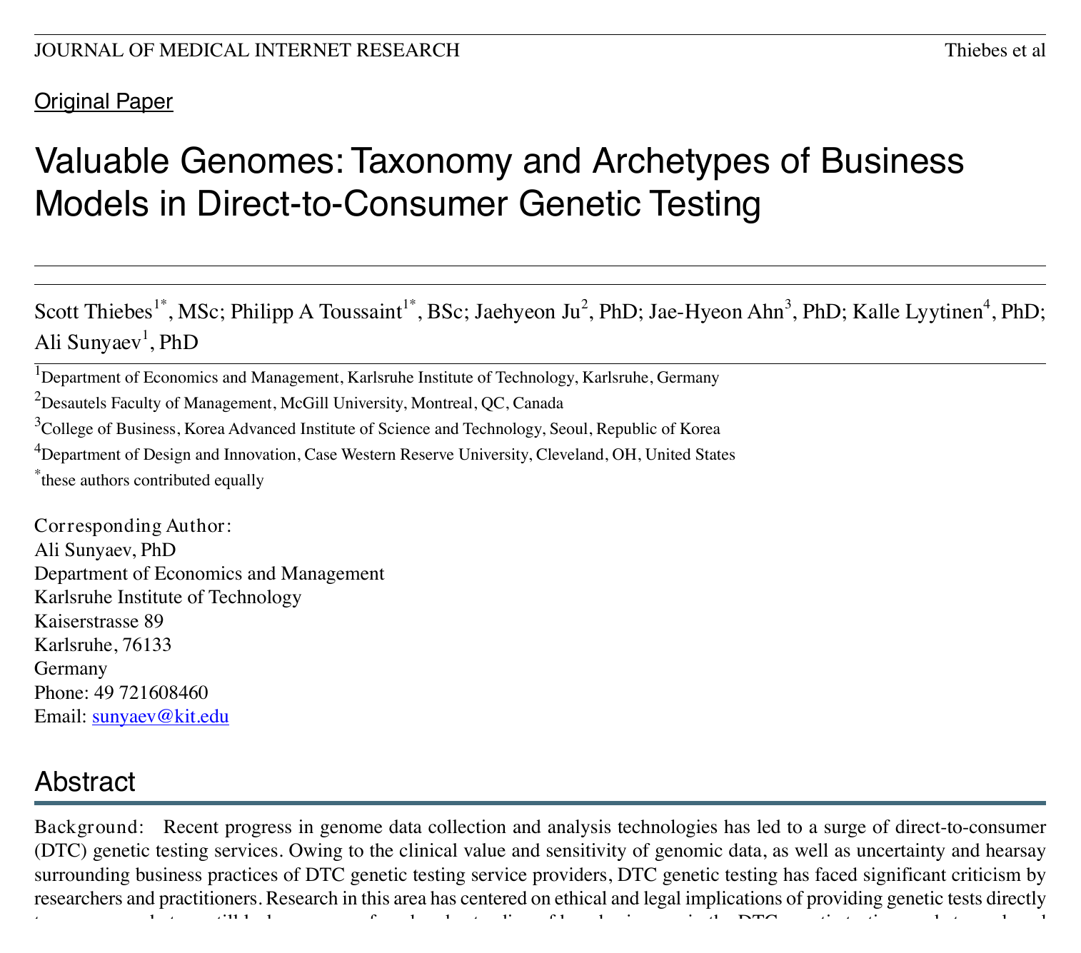 First page of the Journal of Medical Internet Research paper 'Valuable Genomes', showing the title, authors and abstract.