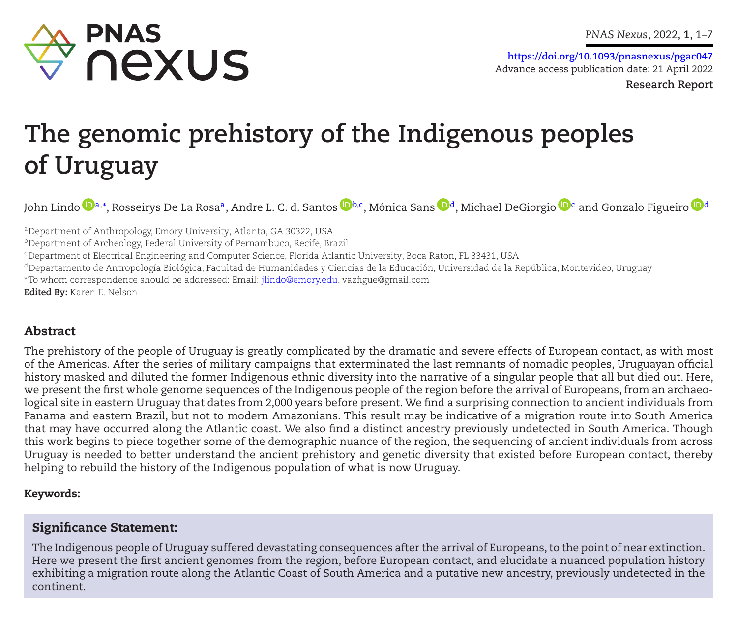 First page of the PNAS Nexus paper 'The genomic prehistory of the Indigenous peoples of Uruguay', showing the title, authors and abstract.