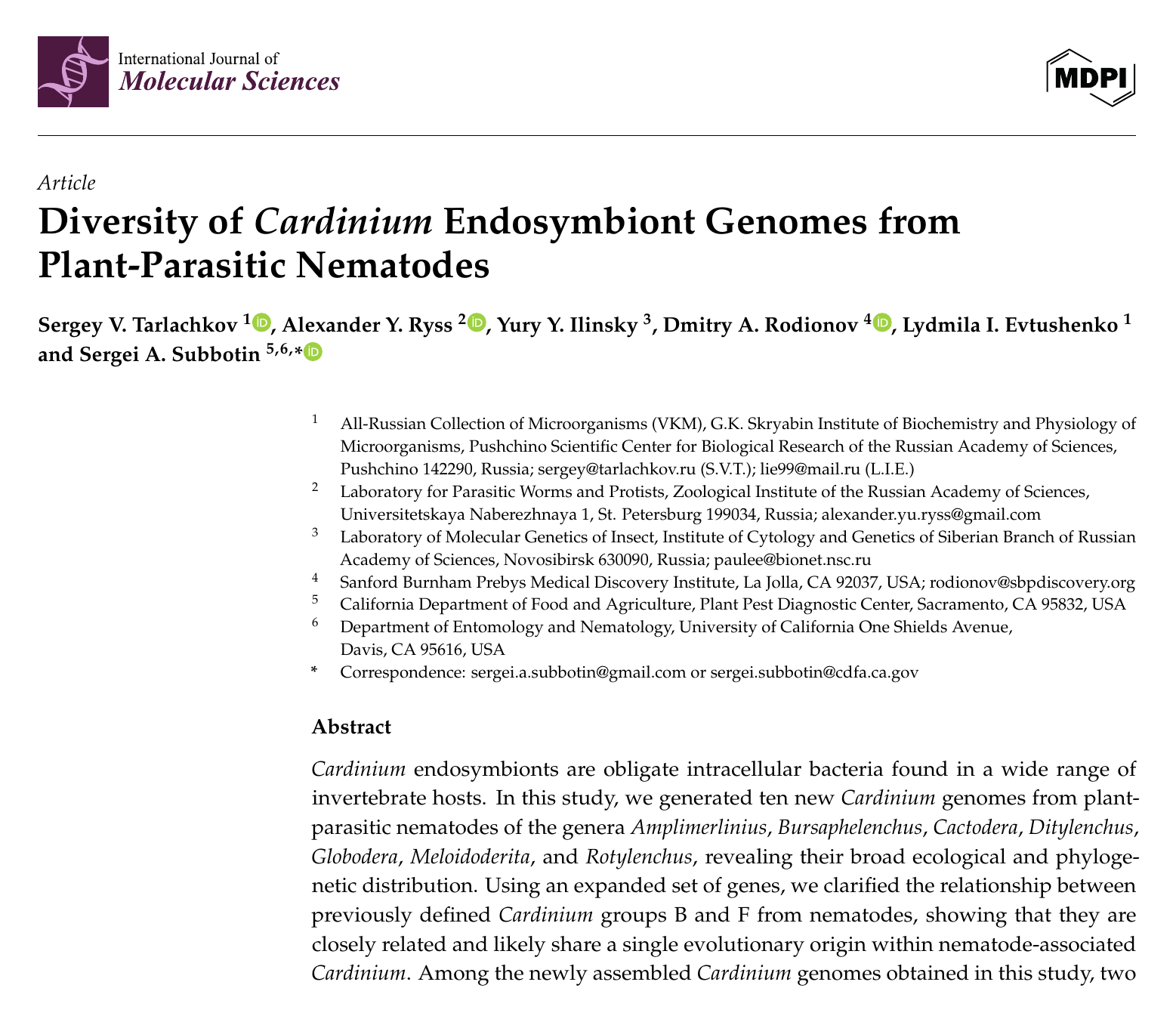 First page of the International Journal of Molecular Sciences paper 'Diversity of Cardinium Endosymbiont Genomes', showing the title, authors and abstract.
