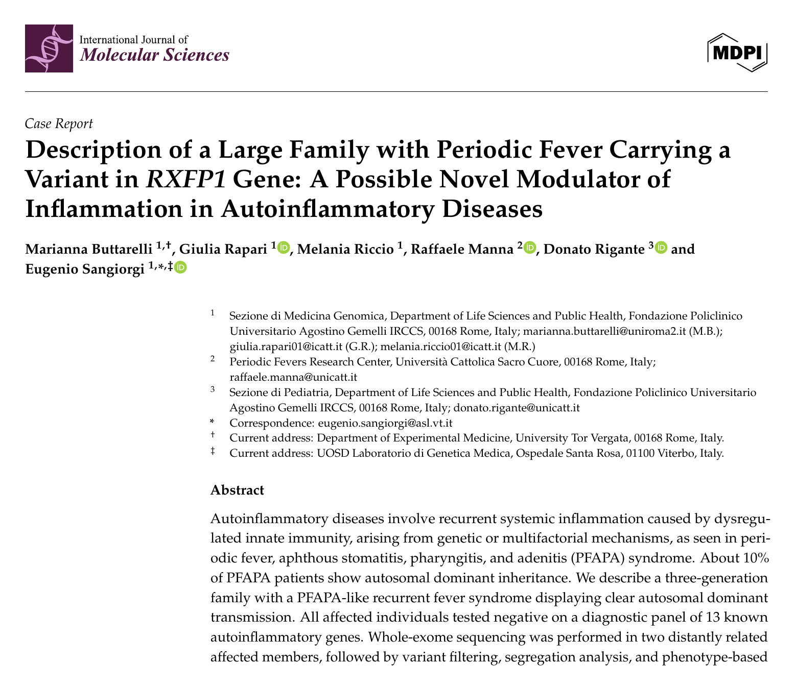 First page of the International Journal of Molecular Sciences paper 'A Large Family with Periodic Fever Carrying a Variant in the RXFP1 Gene', showing the title, authors and abstract.