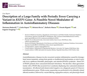 Julkaisun International Journal of Molecular Sciences ensimmäinen sivu, jolla on artikkeli ”A Large Family with Periodic Fever Carrying a Variant in the RXFP1 Gene”, sekä artikkelin nimi, tekijät ja tiivistelmä.