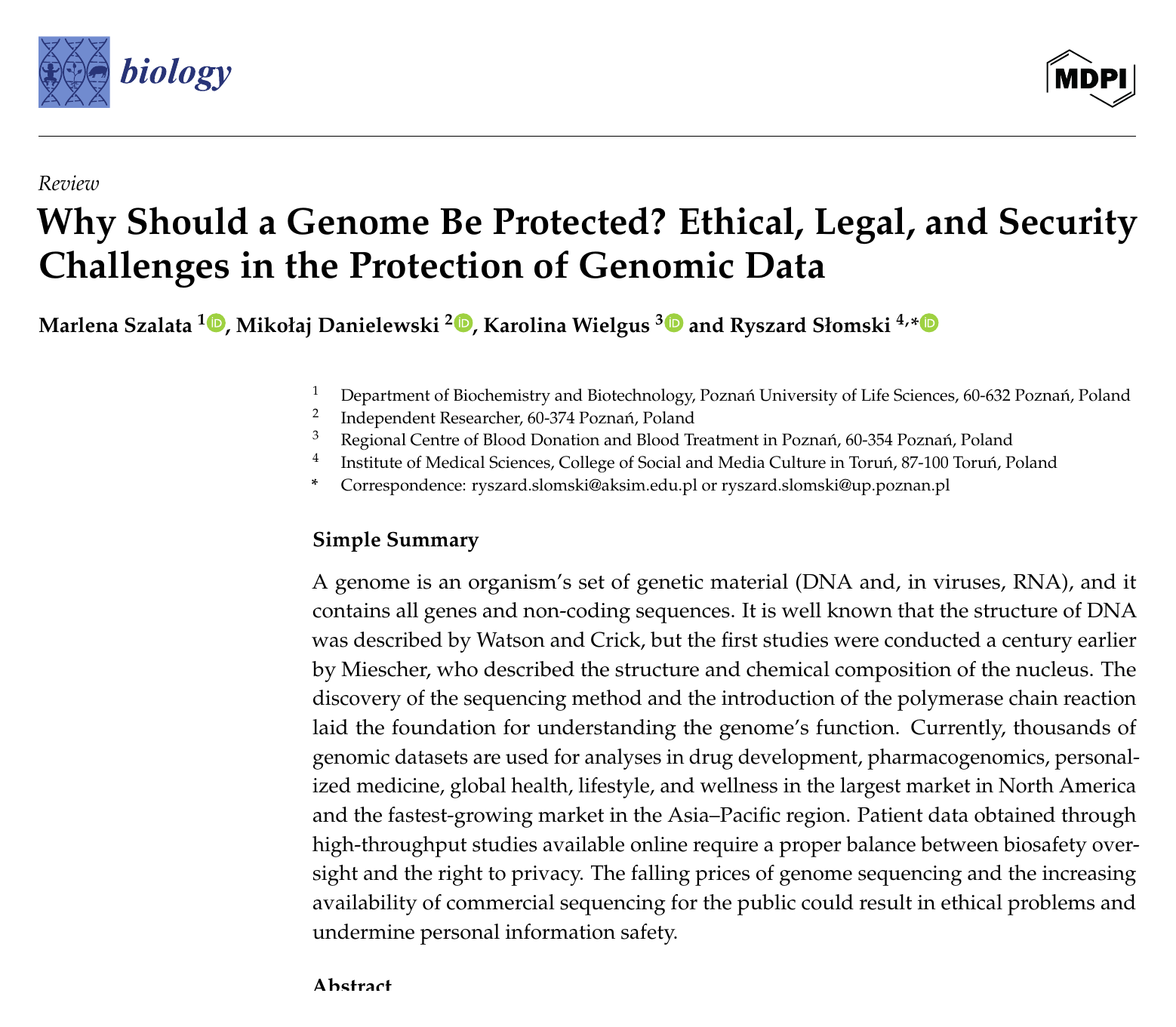 First page of the Biology paper 'Why Should a Genome Be Protected?', showing the title, authors and abstract