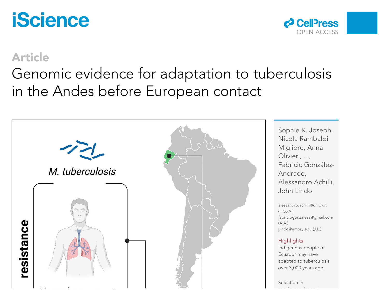 First page of the iScience paper 'Genomic evidence for adaptation to tuberculosis in the Andes before European contact', showing the title, authors and abstract.