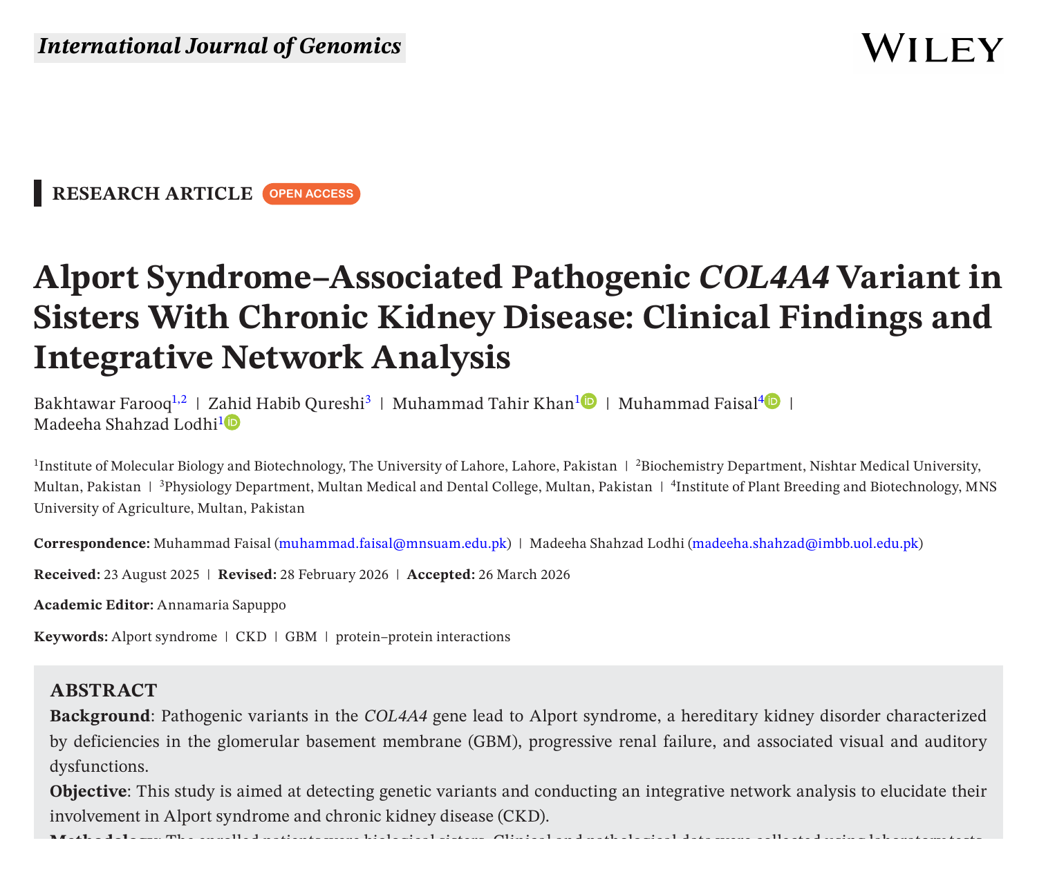 First page of the International Journal of Genomics paper 'Pathogenic COL4A4 Variant in Sisters With Chronic Kidney Disease', showing the title, authors and abstract.