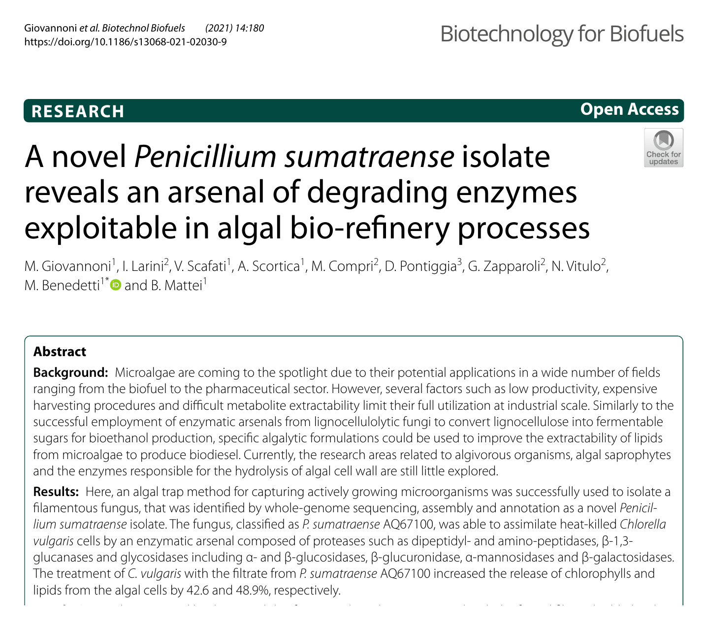 First page of the Biotechnology for Biofuels paper 'A novel Penicillium sumatraense isolate reveals an arsenal of degrading enzymes', showing the title, authors and abstract.