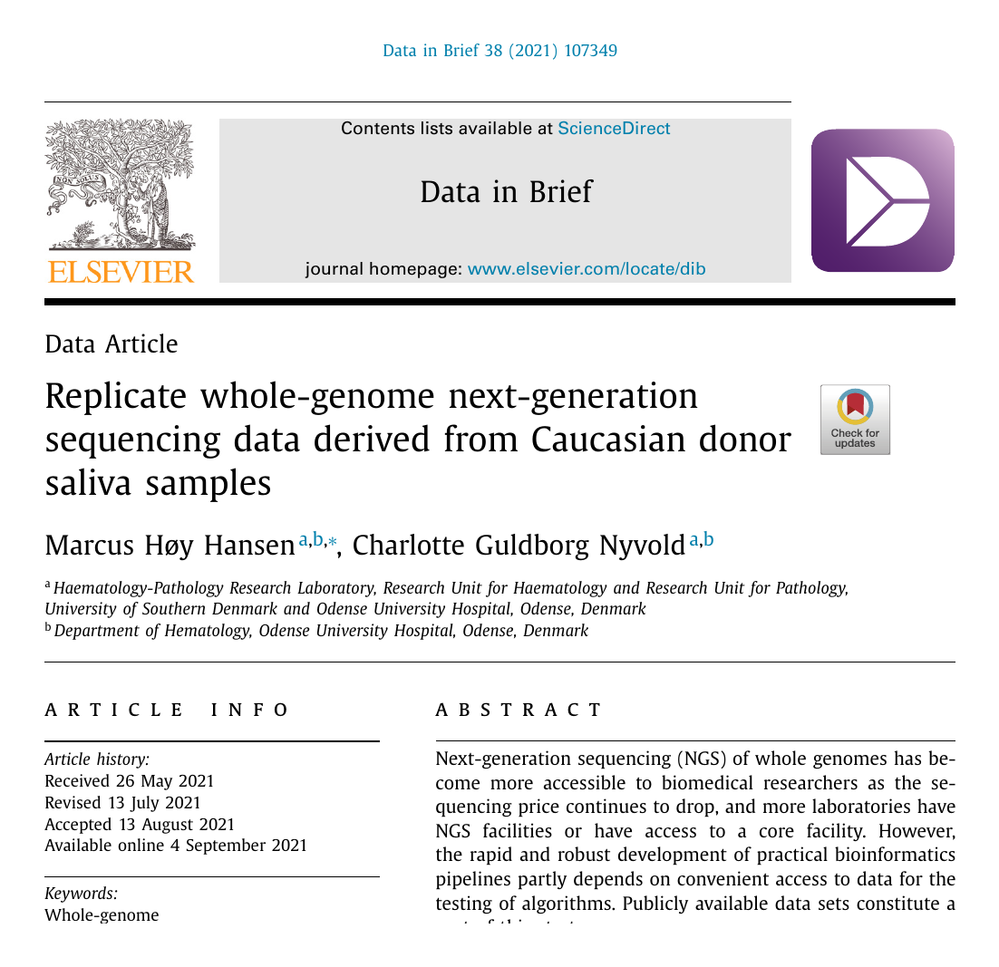 First page of the Data in Brief paper 'Replicate whole-genome sequencing data from Caucasian donor saliva samples', showing the title, authors and abstract.