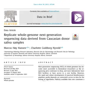 Pierwsza strona artykułu w czasopiśmie Data in Brief pt. „Replicate whole-genome sequencing data from Caucasian donor saliva samples”, przedstawiająca tytuł, autorów i streszczenie.