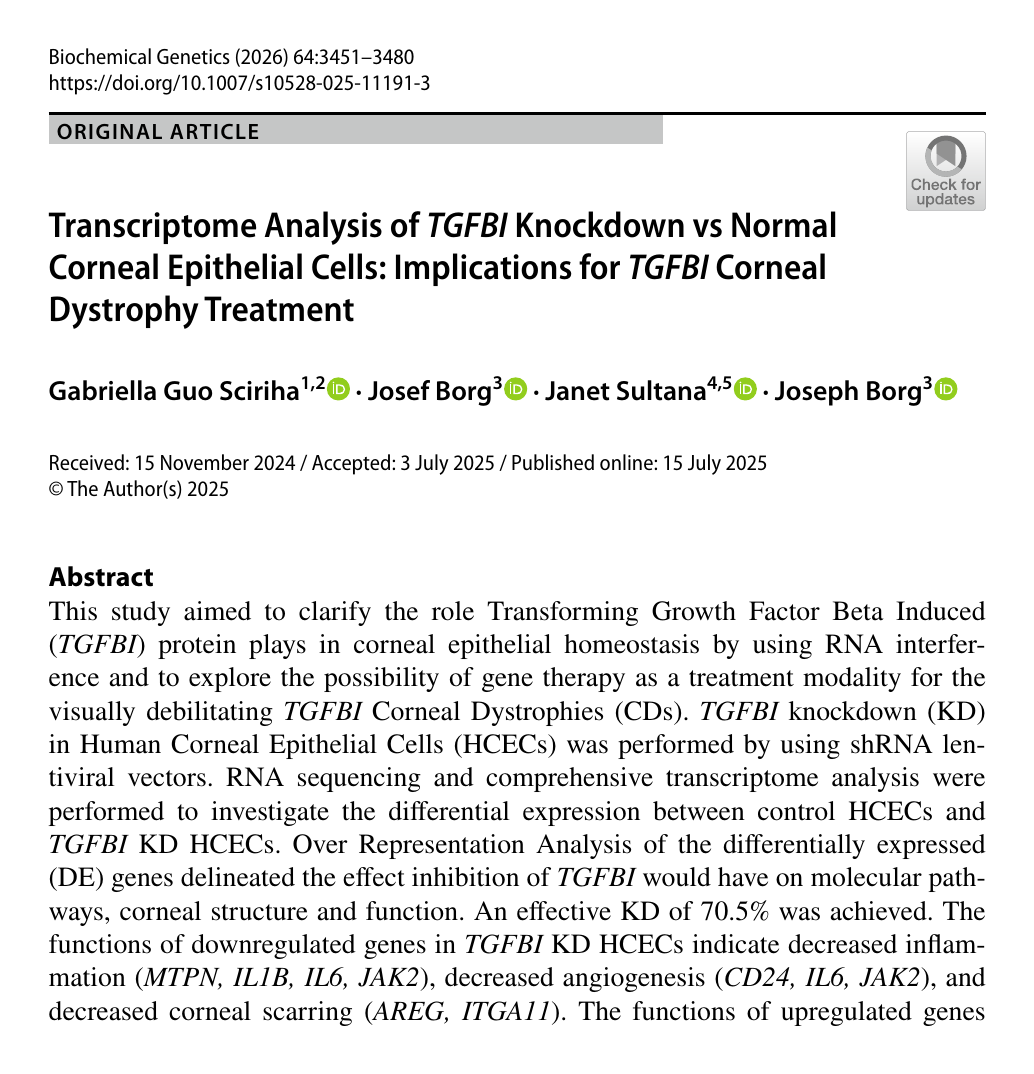 First page of the Biochemical Genetics paper 'Transcriptome Analysis of TGFBI Knockdown vs Normal Corneal Epithelial Cells', showing the title, authors and abstract.