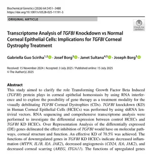 Første side av artikkelen i Biochemical Genetics, «Transcriptome Analysis of TGFBI Knockdown vs Normal Corneal Epithelial Cells», med tittel, forfattere og sammendrag.