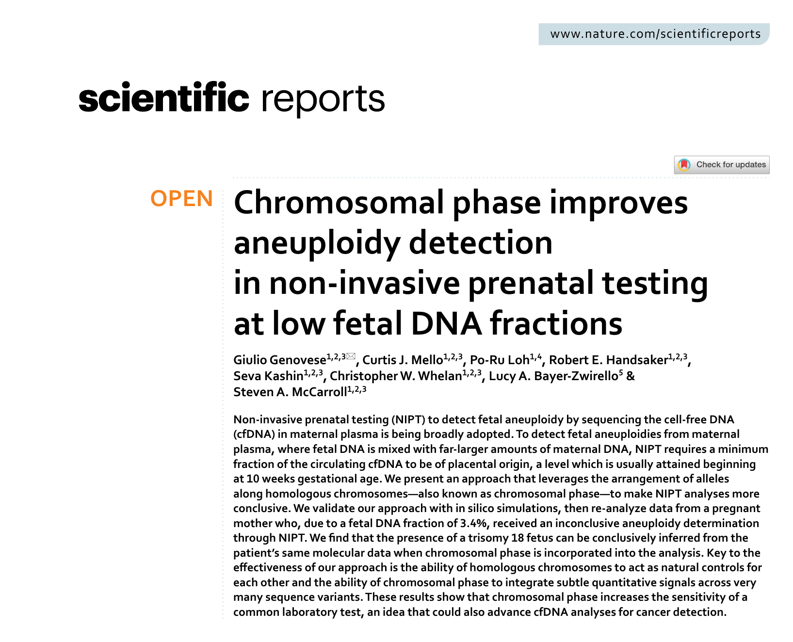 First page of the Scientific Reports paper 'Chromosomal phase improves aneuploidy detection in non-invasive prenatal testing', showing the title, authors and abstract.