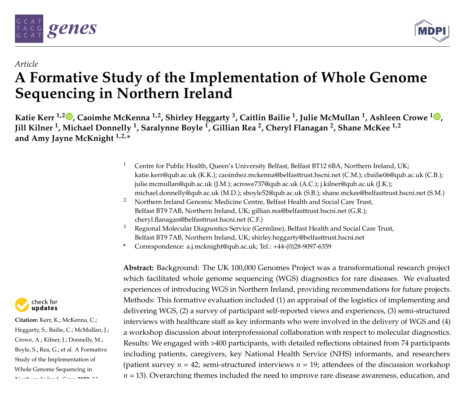 First page of the Genes paper 'A Formative Study of the Implementation of Whole Genome Sequencing in Northern Ireland', showing the title, authors and abstract.