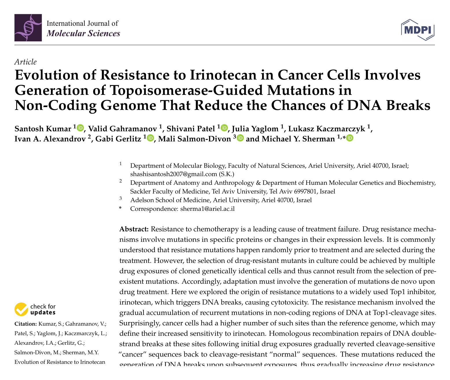 First page of the International Journal of Molecular Sciences paper 'Evolution of Resistance to Irinotecan in Cancer Cells', showing the title, authors and abstract.