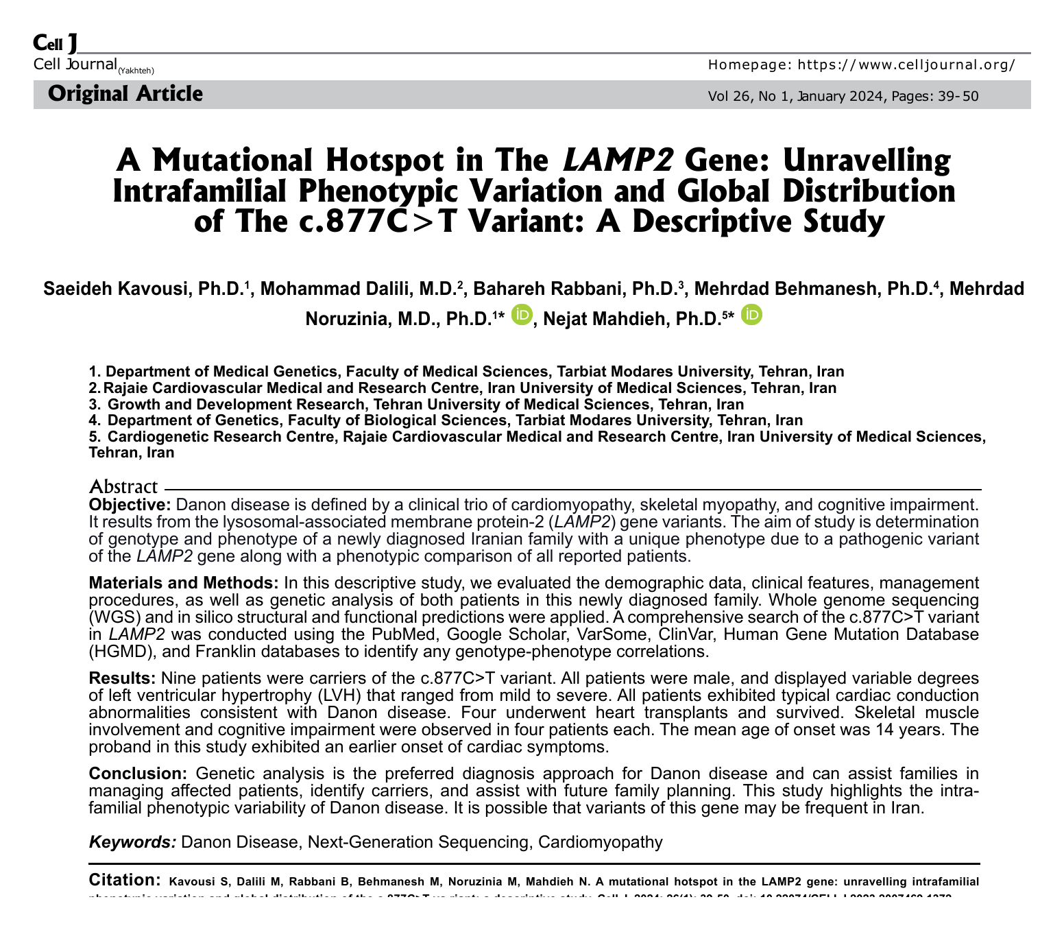 First page of the Cell Journal paper 'A Mutational Hotspot in the LAMP2 Gene', showing the title, authors and abstract.