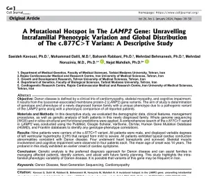 이 문서는 Cell Journal에 실린 'A Mutational Hotspot in the LAMP2 Gene' 논문의 첫 페이지로, 제목, 저자, 초록이 실려 있습니다.