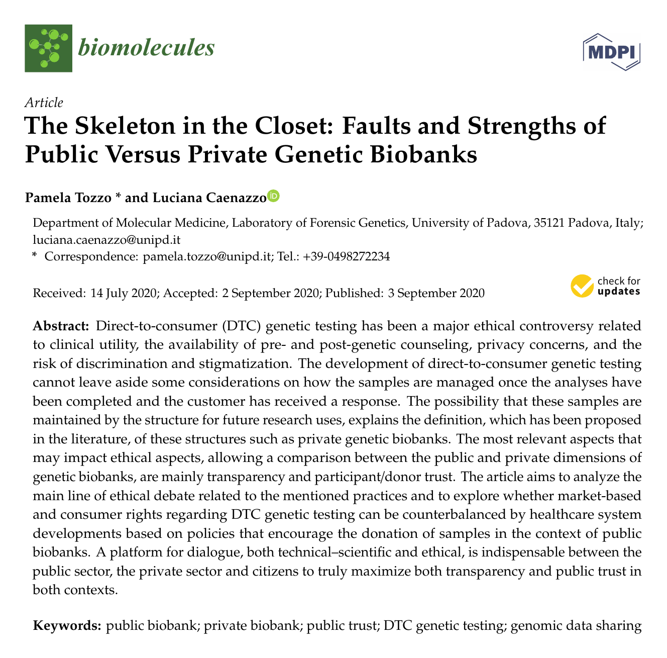 First page of the Biomolecules paper 'The Skeleton in the Closet: Faults and Strengths of Public Versus Private Genetic Biobanks', showing the title, authors and abstract.