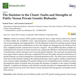 Erste Seite des Biomolecules-Artikels „The Skeleton in the Closet: Faults and Strengths of Public Versus Private Genetic Biobanks“ mit Titel, Autoren und Zusammenfassung.