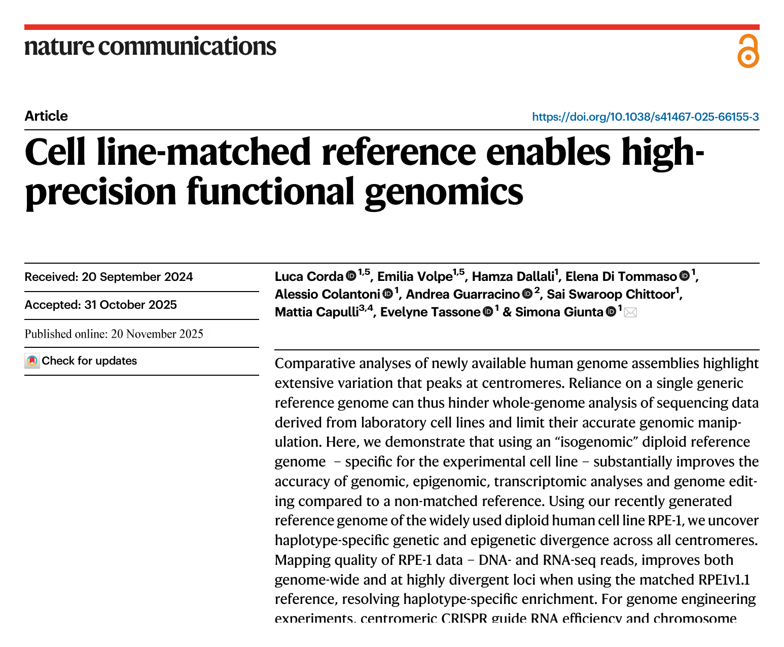First page of the Nature Communications paper 'Cell line-matched reference enables high-precision functional genomics', showing the title, authors and abstract.