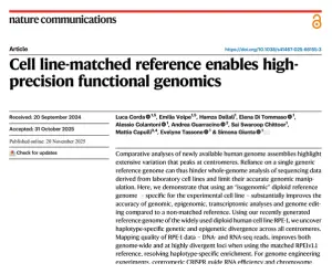 First page of the Nature Communications paper 'Cell line-matched reference enables high-precision functional genomics', showing the title, authors and abstract.