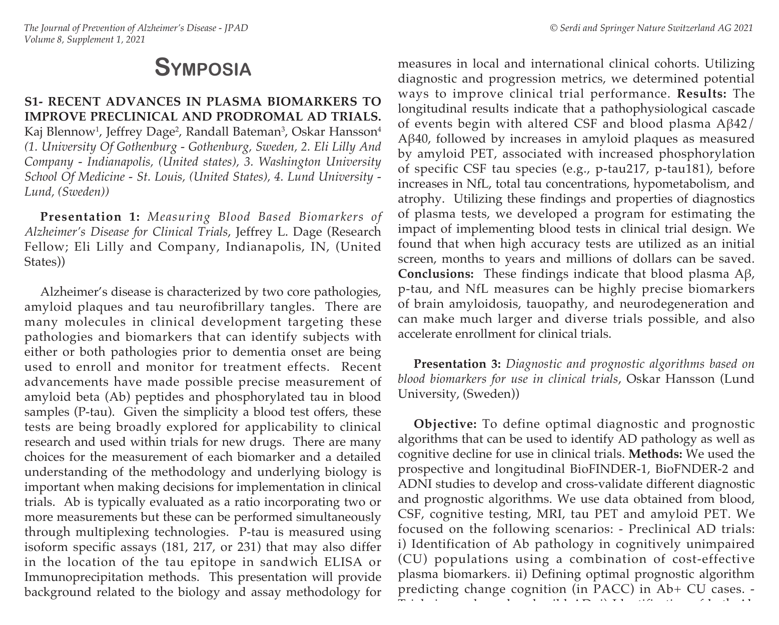 First page of The Journal of Prevention of Alzheimer's Disease paper 'Symposia — Oral Communications — Late Breaking News', showing the title, authors and abstract.
