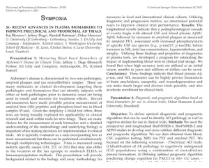 First page of The Journal of Prevention of Alzheimer's Disease paper 'Symposia — Oral Communications — Late Breaking News', showing the title, authors and abstract.