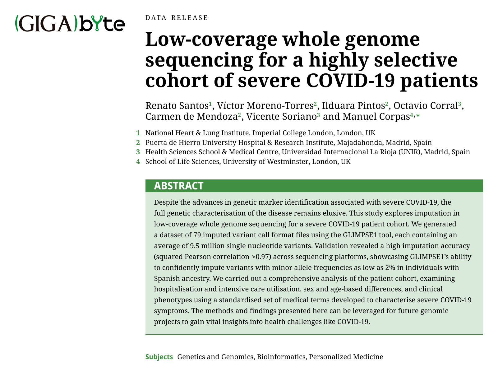 First page of the Gigabyte paper 'Low-coverage whole genome sequencing for severe COVID-19 patients', showing the title, authors and abstract
