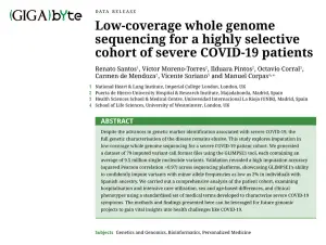 První strana článku Gigabyte „Low-coverage whole genome sequencing for severe COVID-19 patients“ se názvem, autory a abstraktem