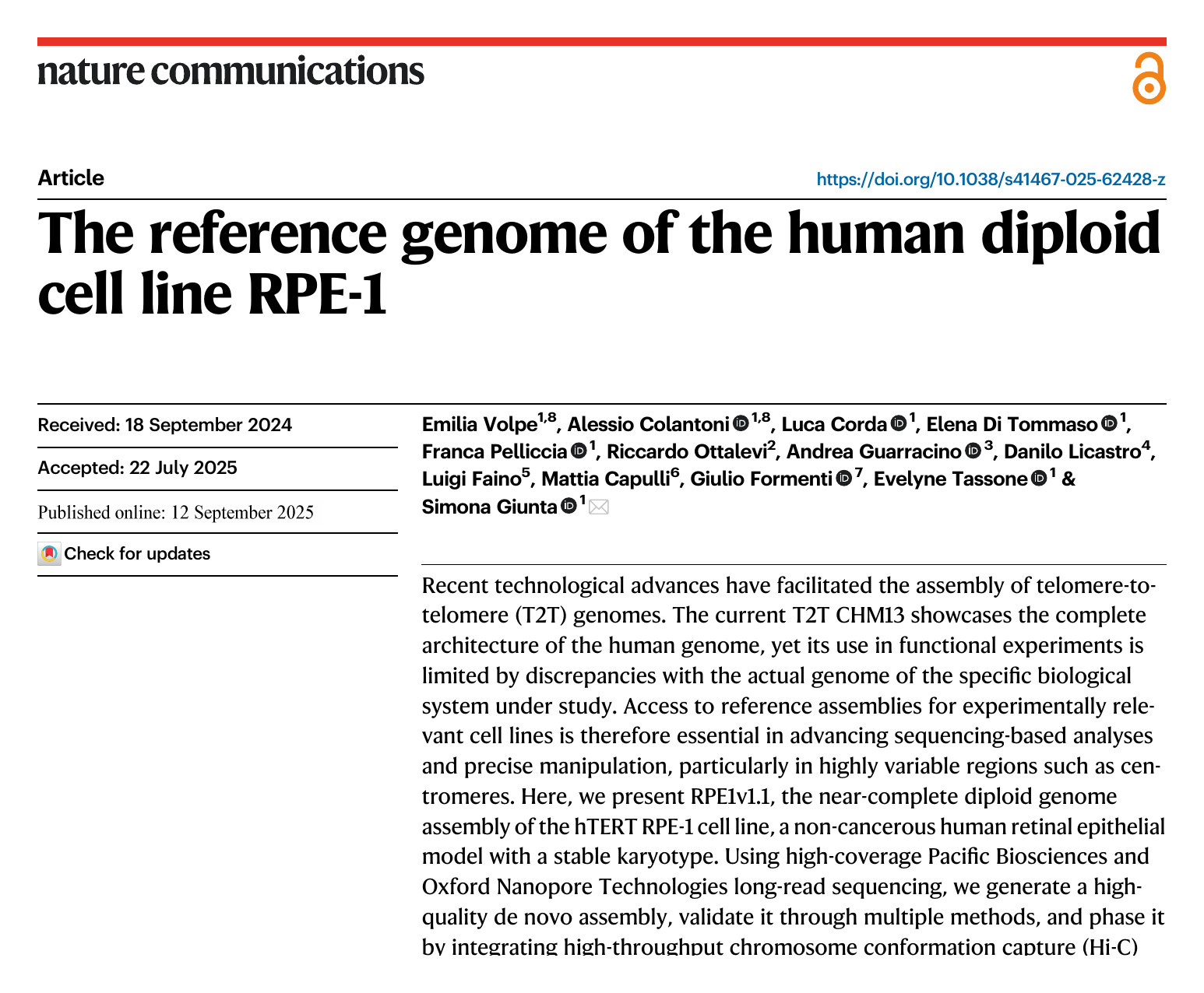 First page of the Nature Communications paper 'The reference genome of the human diploid cell line RPE-1', showing the title, authors and abstract.