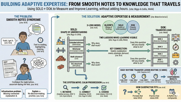 Infographic on "Building Adaptive Expertise." It contrasts "Smooth Notes Syndrome" with a solution using SOLO and DOK ladders to measure and improve learning depth, transfer, and daily study rhythms.