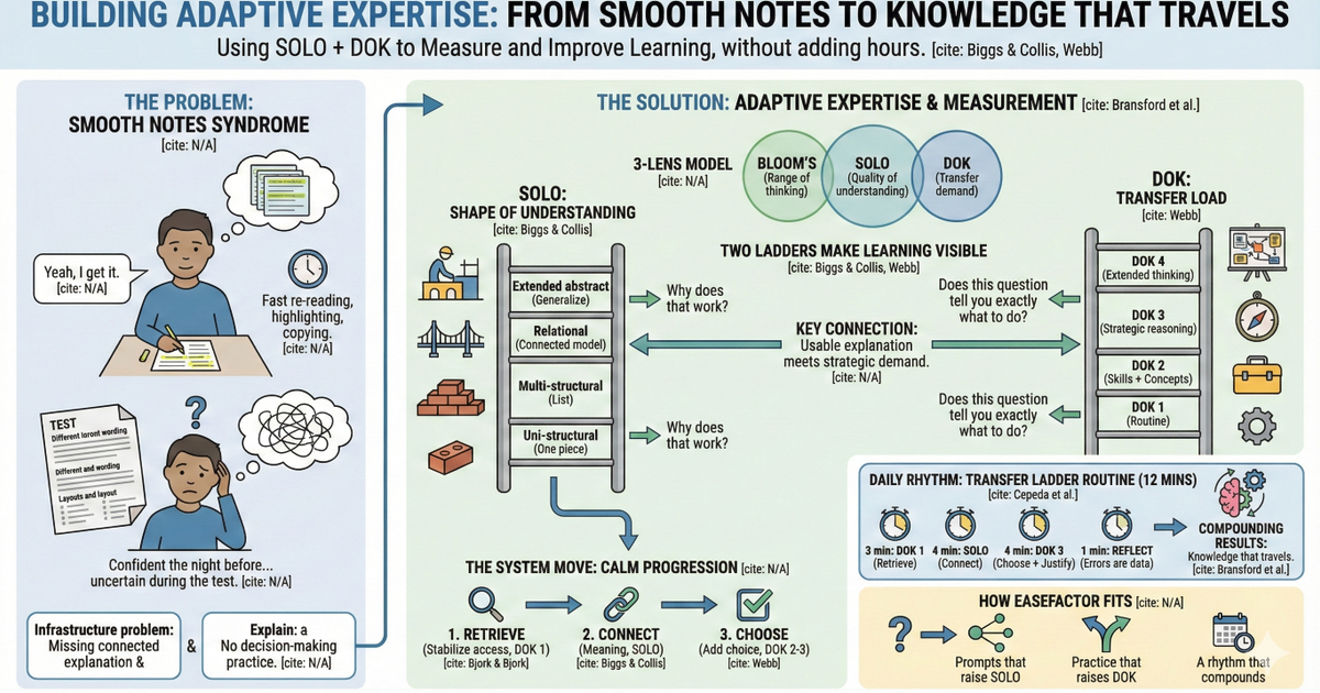 Infographic on "Building Adaptive Expertise." It contrasts "Smooth Notes Syndrome" with a solution using SOLO and DOK ladders to measure and improve learning depth, transfer, and daily study rhythms.