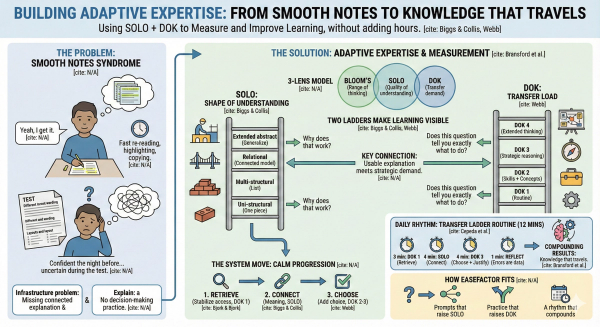 Infographic on "Building Adaptive Expertise." It contrasts "Smooth Notes Syndrome" with a solution using SOLO and DOK ladders to measure and improve learning depth, transfer, and daily study rhythms.