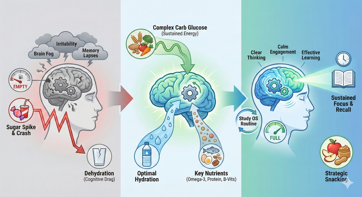 Infographic illustrating the Hungry Brain concept, showing how nutrition, hydration, and blood sugar affect cognitive performance during study sessions