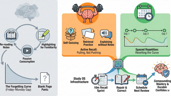 Infographic contrasting passive study (re-reading) with a "Study OS". Active Recall (brain lifting weights) and Spaced Repetition (timed reviews) build a system that repairs memory gaps and leads to compounding mastery.