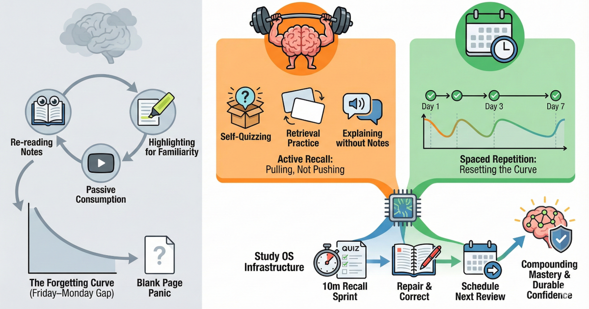 Infographic contrasting passive study (re-reading) with a "Study OS". Active Recall (brain lifting weights) and Spaced Repetition (timed reviews) build a system that repairs memory gaps and leads to compounding mastery.