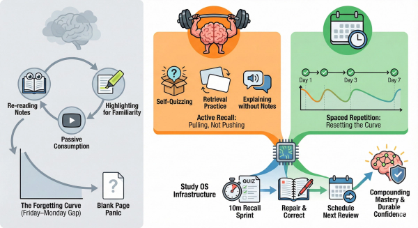 Infographic contrasting passive study (re-reading) with a "Study OS". Active Recall (brain lifting weights) and Spaced Repetition (timed reviews) build a system that repairs memory gaps and leads to compounding mastery.