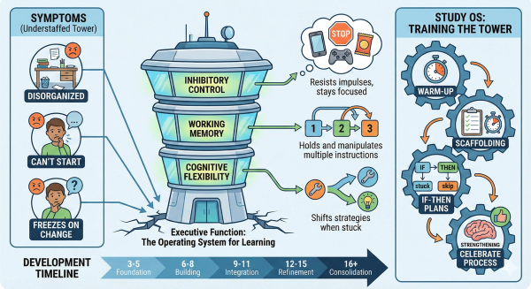 Infographic illustrating executive functions as a brain's Control Tower, showing how inhibitory control, working memory, and cognitive flexibility work together to power every study skill