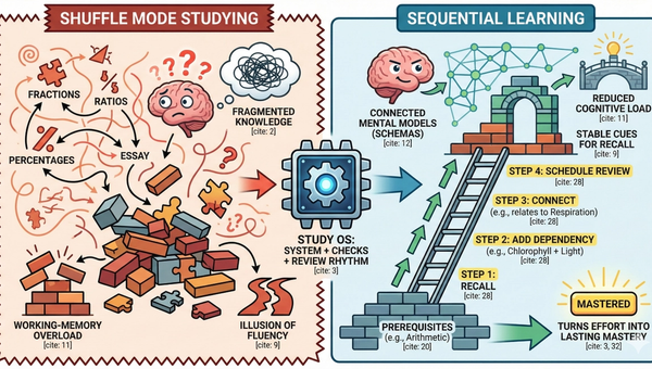 Infographic contrasting "Shuffle Mode Studying" with "Sequential Learning." The left shows a chaotic brain with "Fragmented Knowledge" and "Memory Overload." The right illustrates a "Study OS" system building a stable structure through prerequisites and four steps to achieve "Lasting Mastery."