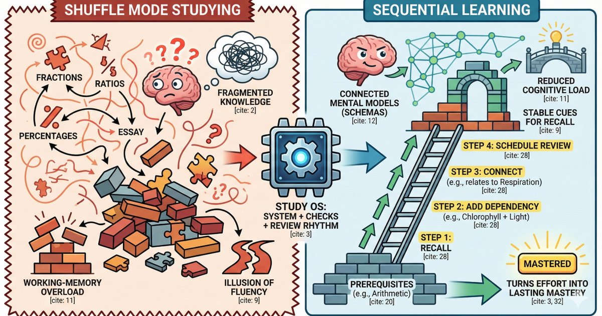 Infographic contrasting "Shuffle Mode Studying" with "Sequential Learning." The left shows a chaotic brain with "Fragmented Knowledge" and "Memory Overload." The right illustrates a "Study OS" system building a stable structure through prerequisites and four steps to achieve "Lasting Mastery."