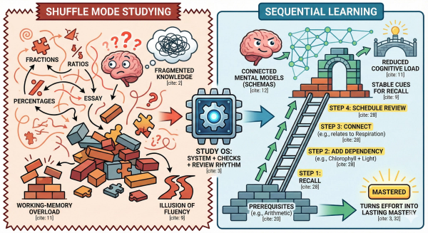 Infographic contrasting "Shuffle Mode Studying" with "Sequential Learning." The left shows a chaotic brain with "Fragmented Knowledge" and "Memory Overload." The right illustrates a "Study OS" system building a stable structure through prerequisites and four steps to achieve "Lasting Mastery."