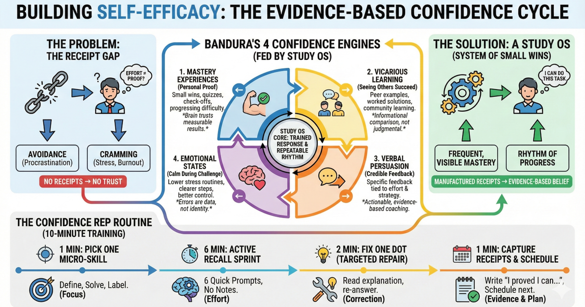 Infographic explaining the "Evidence-Based Confidence Cycle" to build self-efficacy. It details how to bridge the "Receipt Gap" using Bandura’s 4 engines: Mastery, Vicarious Learning, Persuasion, and Emotional States. Includes a 10-minute "Confidence Rep" routine to turn small wins into lasting belief.