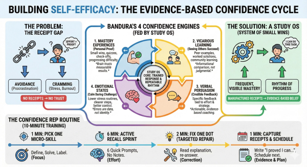 Infographic explaining the "Evidence-Based Confidence Cycle" to build self-efficacy. It details how to bridge the "Receipt Gap" using Bandura’s 4 engines: Mastery, Vicarious Learning, Persuasion, and Emotional States. Includes a 10-minute "Confidence Rep" routine to turn small wins into lasting belief.