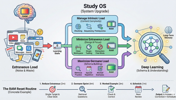 An infographic explaining Cognitive Load Management using a computer RAM metaphor. The visual shows 'Extraneous Load' as messy browser tabs causing learning to stall, then illustrates a 'Study OS' system that manages Intrinsic Load, minimizes Extraneous Load, and maximizes Germane Load to build deep learning schemas. The bottom section outlines the 'RAM Reset Routine,' a 12-minute study process including target setting, retrieval sprints, and scheduling reviews.