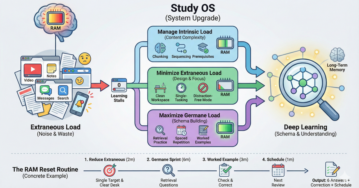 An infographic explaining Cognitive Load Management using a computer RAM metaphor. The visual shows 'Extraneous Load' as messy browser tabs causing learning to stall, then illustrates a 'Study OS' system that manages Intrinsic Load, minimizes Extraneous Load, and maximizes Germane Load to build deep learning schemas. The bottom section outlines the 'RAM Reset Routine,' a 12-minute study process including target setting, retrieval sprints, and scheduling reviews.