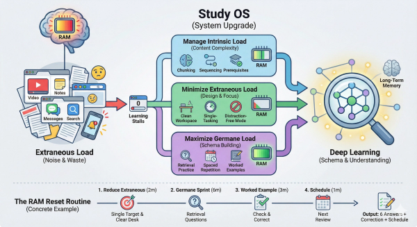 An infographic explaining Cognitive Load Management using a computer RAM metaphor. The visual shows 'Extraneous Load' as messy browser tabs causing learning to stall, then illustrates a 'Study OS' system that manages Intrinsic Load, minimizes Extraneous Load, and maximizes Germane Load to build deep learning schemas. The bottom section outlines the 'RAM Reset Routine,' a 12-minute study process including target setting, retrieval sprints, and scheduling reviews.