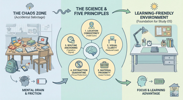 Infographic illustrating the Chaos Zone concept and five Study Space Blueprint principles for creating a distraction-free learning environment at home