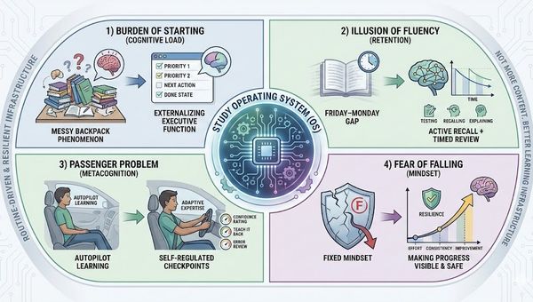 Infographic illustrating the Study Operating System (Study OS) framework, showing how it solves the 4 key study problems: Burden of Starting (Cognitive Load), Illusion of Fluency (Retention), Passenger Problem (Metacognition), and Fear of Falling (Mindset/Grit).