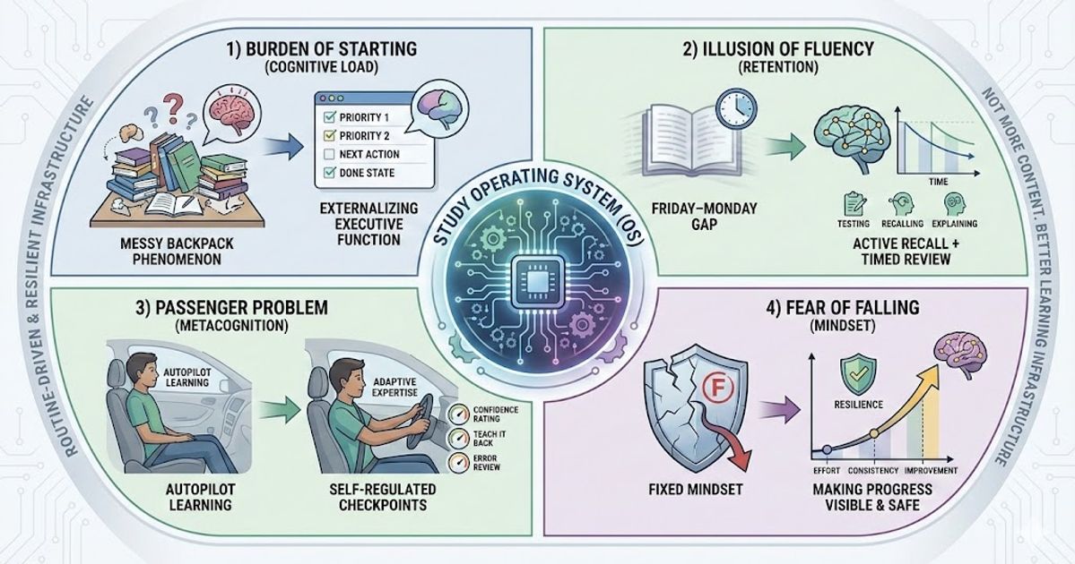 Infographic illustrating the Study Operating System (Study OS) framework, showing how it solves the 4 key study problems: Burden of Starting (Cognitive Load), Illusion of Fluency (Retention), Passenger Problem (Metacognition), and Fear of Falling (Mindset/Grit).