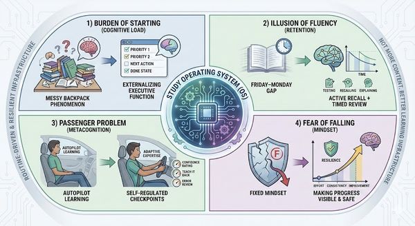 Infographic illustrating the Study Operating System (Study OS) framework, showing how it solves the 4 key study problems: Burden of Starting (Cognitive Load), Illusion of Fluency (Retention), Passenger Problem (Metacognition), and Fear of Falling (Mindset/Grit).