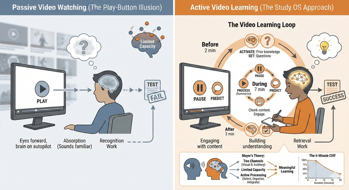 Infographic illustrating the Video Learning Loop framework, showing the Pause-Predict-Process cycle that transforms passive video watching into active learning with retrieval practice